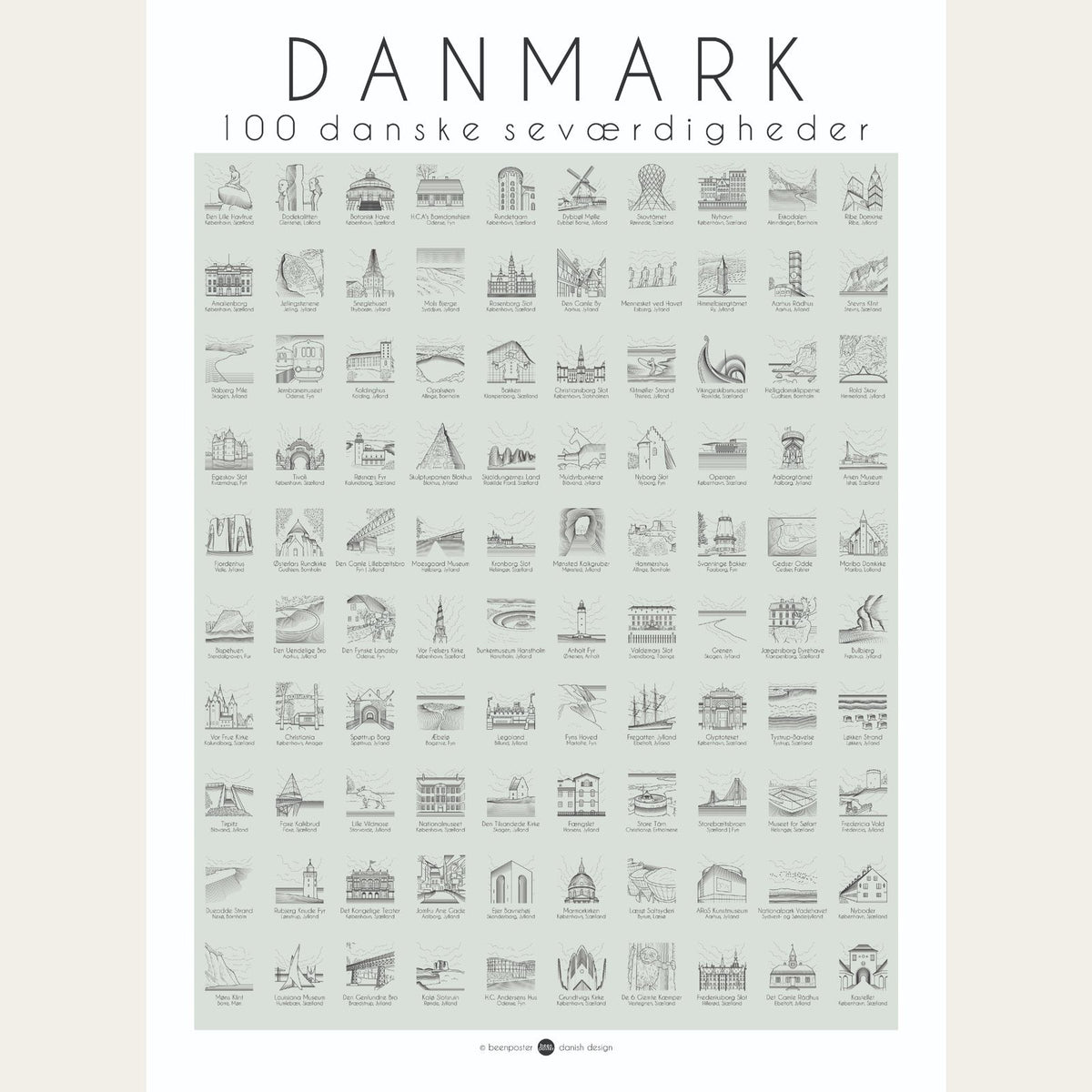 couleur Støvet grøn — Danmark plakat – 100 seværdigheder at stemple af