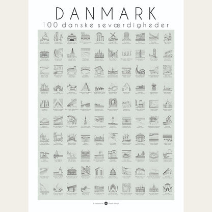 couleur Støvet grøn — Danmark plakat – 100 seværdigheder at stemple af