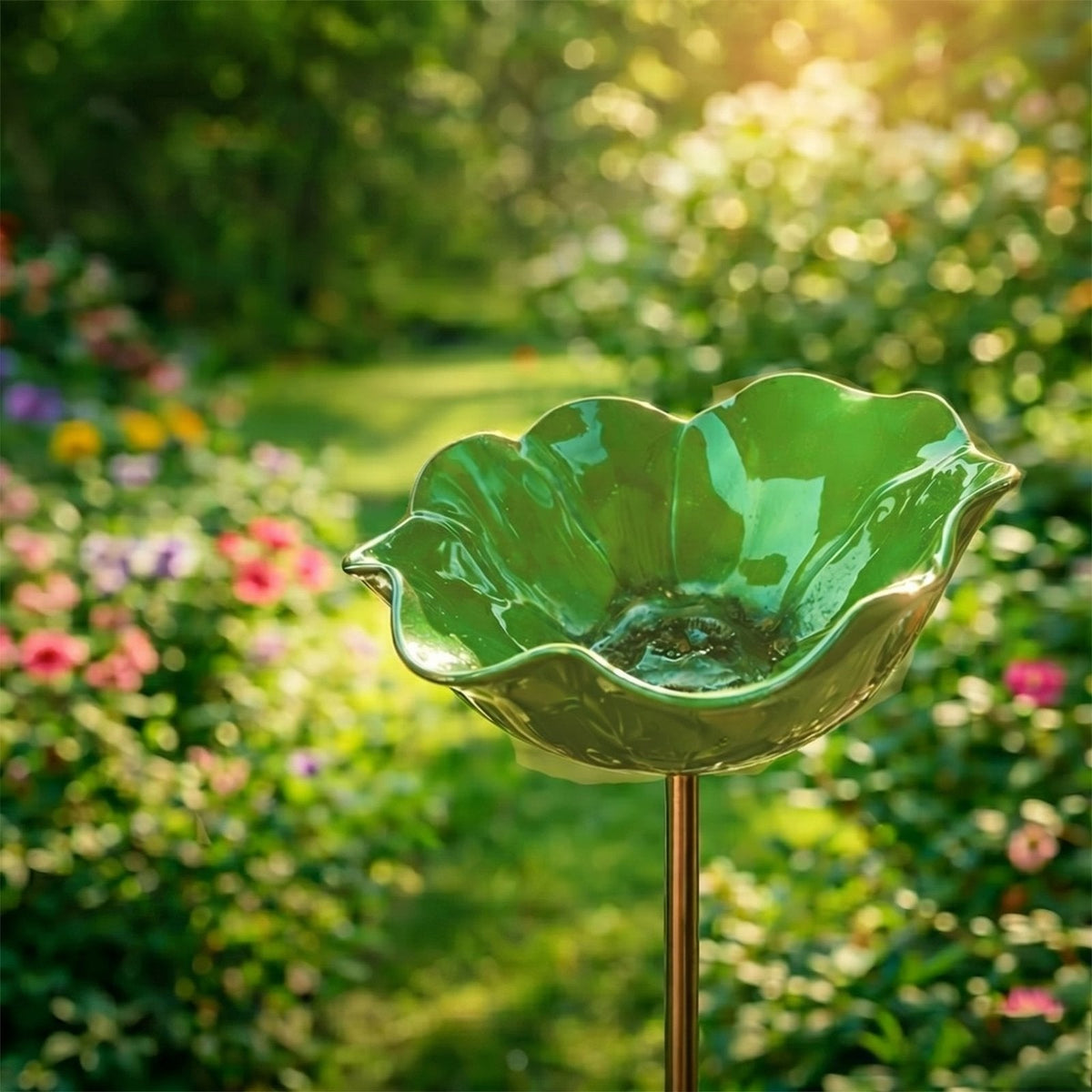 couleur Grøn — Blomsterfuglebad på spyd – håndformet glaseret blomst til haven