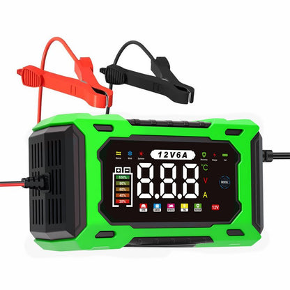 couleur Grøn — Intelligent 12V bilbatterioplader med pulsreparation og digitalt display (6–100 Ah)