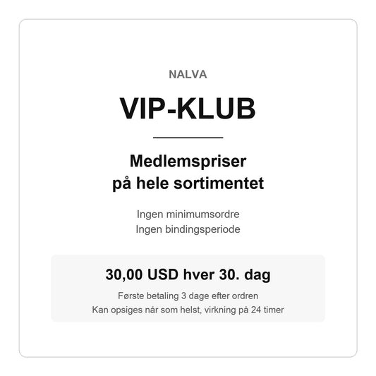 VIP-Klub Nalva — medlemspriser, 30,00 USD hver 30. dag, kan opsiges når som helst
